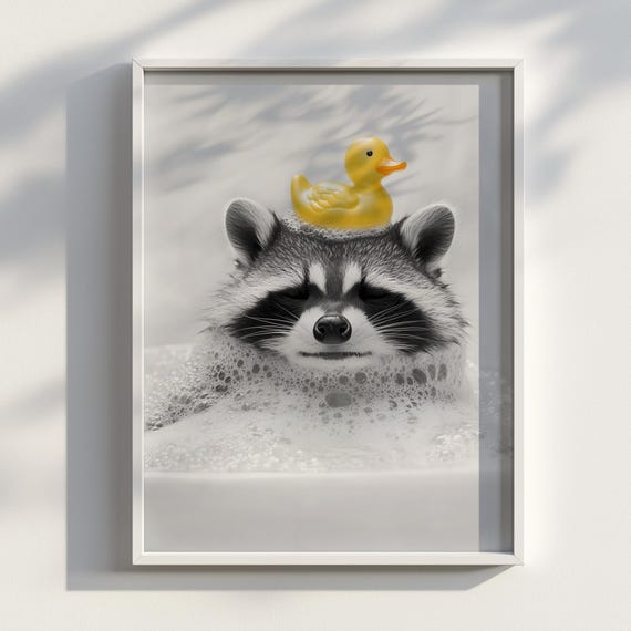 Relaxing Raccoon Funny Bathroom Print Poster Cute Bubble Bath Wall Art