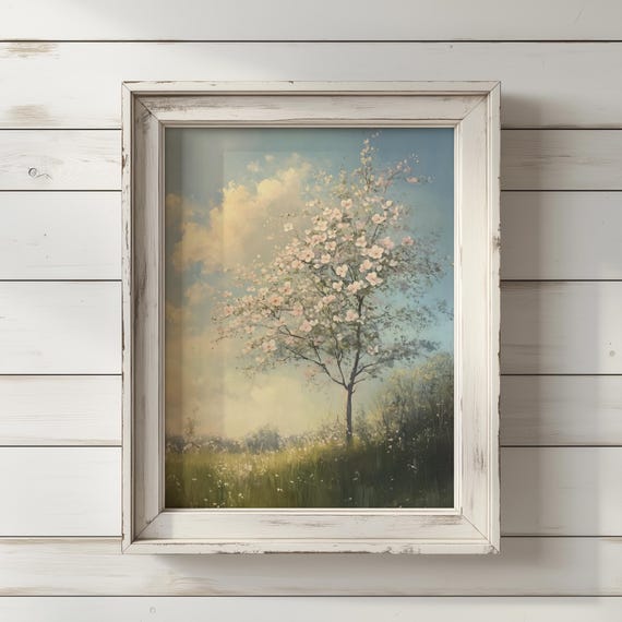 Dogwood Tree In Bloom Art Print Pastoral Wall Decor Elegant Natureinspired Artwork
