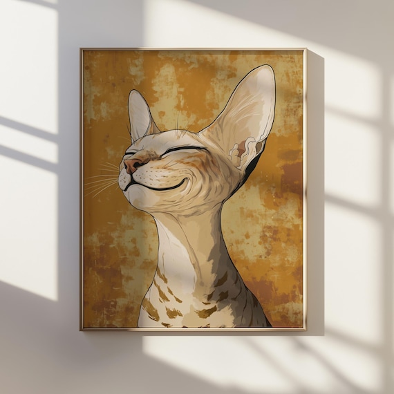 Smiling Sphynx Cat Portrait Golden Background Cat Lover Poster