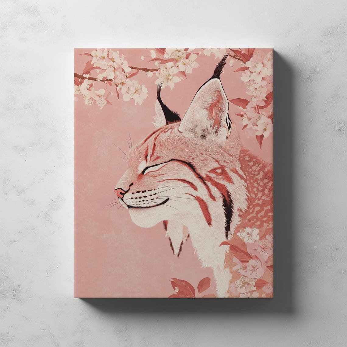 Pink Lynx Cherry Blossom Japanese Floral Wild Cat Art Poster - Image 2
