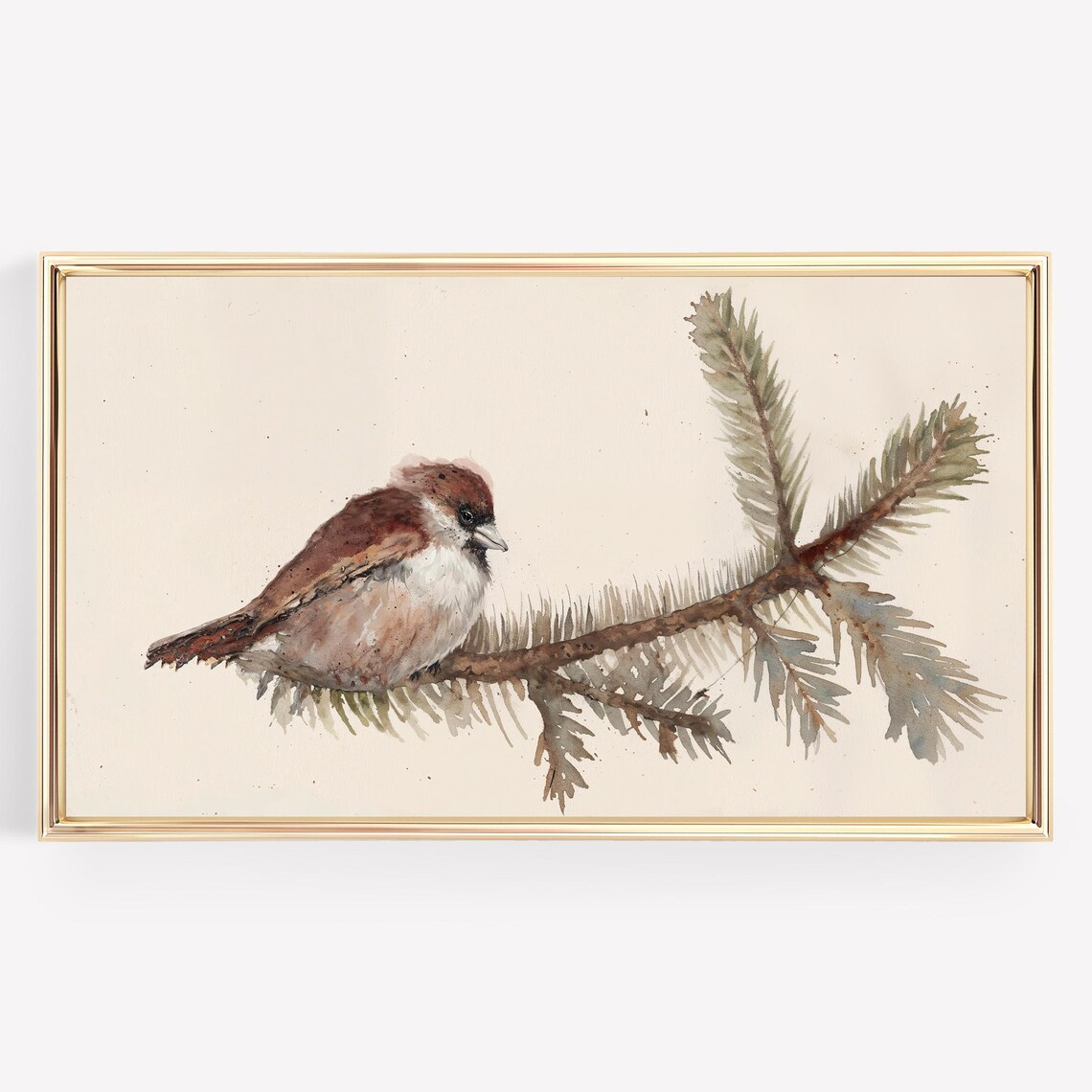 Winter Sparrow Watercolor Pine Branch Delicate Bird Art Poster