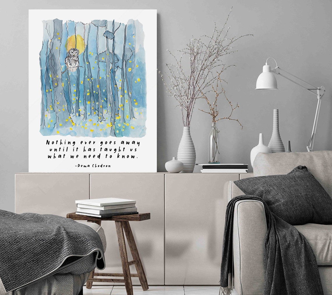 Pema Chodron Owl Watercolor Forest Moonlight Quote Art Poster - Image 3