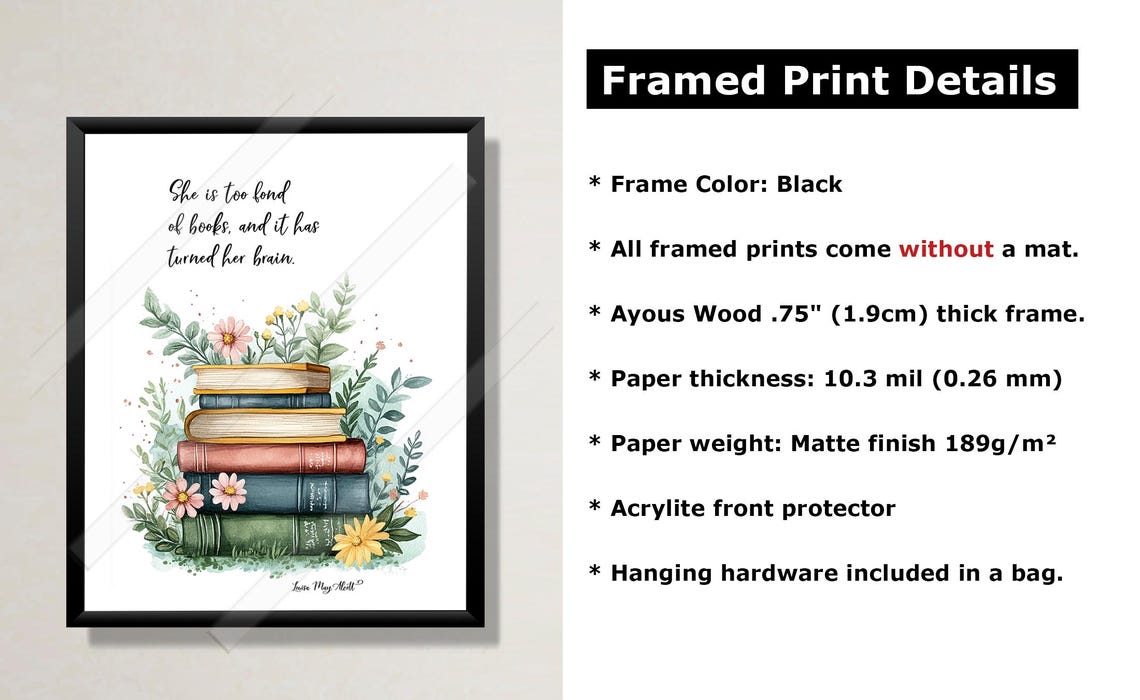 Louisa May Alcott She Is Too Fond Of Books Floral Book Stack Poster - Image 2