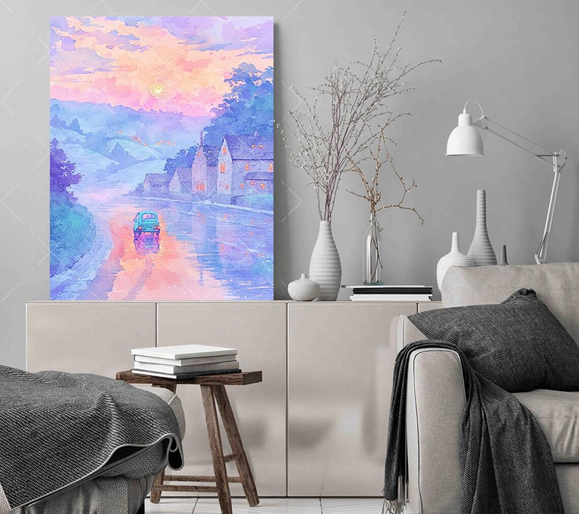I Am Worthy Of Good Things Pink Sunset Village Street Watercolor Poster - Image 2