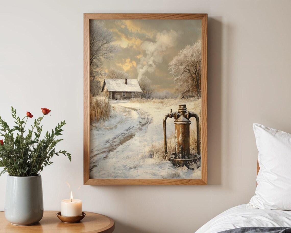 Rustic Winter Scene, Vintage Farmhouse Decor