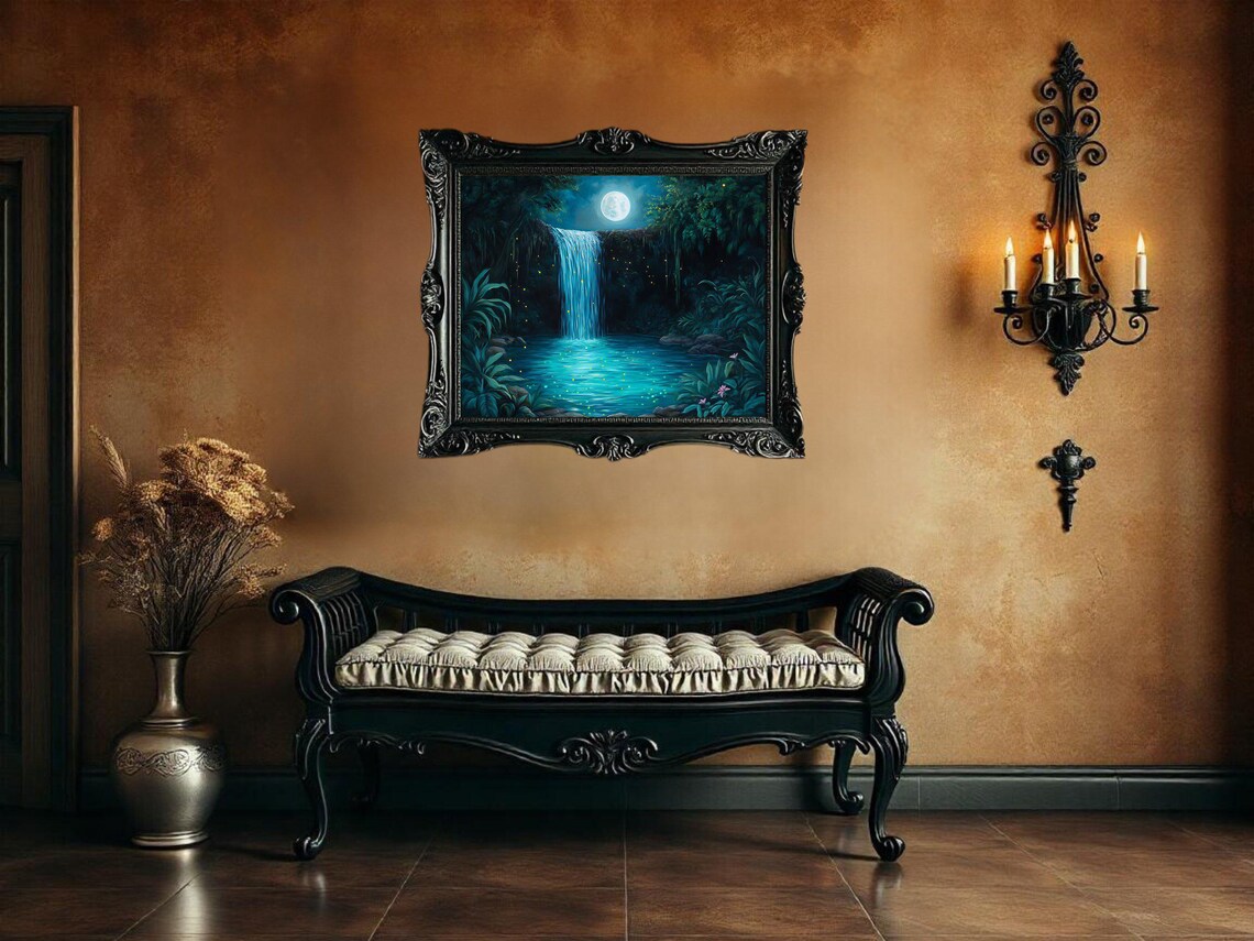 Enchanted Moonlit Waterfall Art Print, Night Scene - Image 3