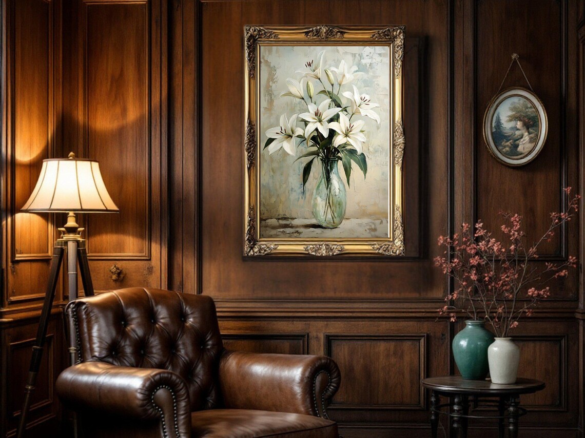 White Lilies Bouquet, Vintage Oil Painting Art Print - Image 2