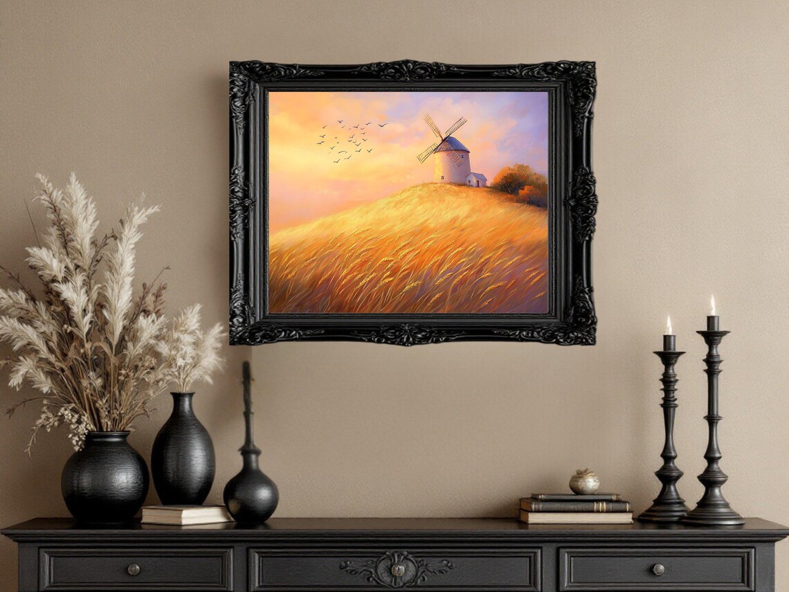 Windmill in Golden Fields, Sunset Landscape Art Print - Image 2