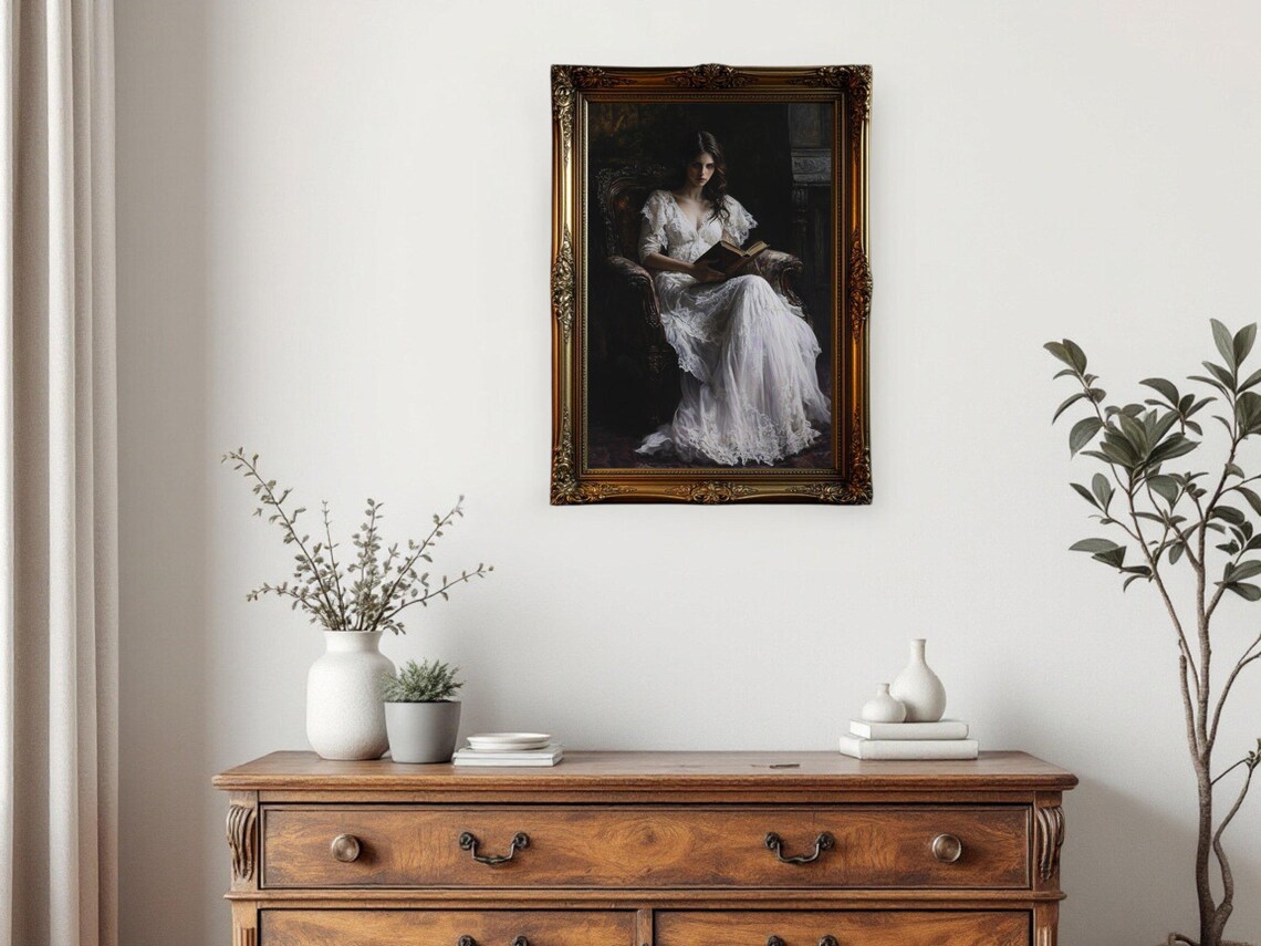 Vintage Woman Reading In Armchair, Dark Academia Art - Image 3