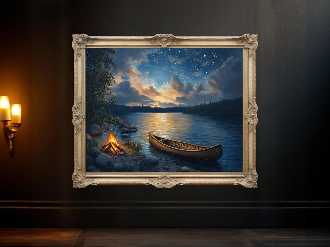 Serene Lake Nightscape, Canoe And Campfire Art Print