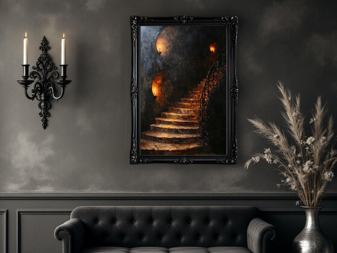 Mysterious Pathway Oil Painting, Rustic Stairs Art Print - Image 2