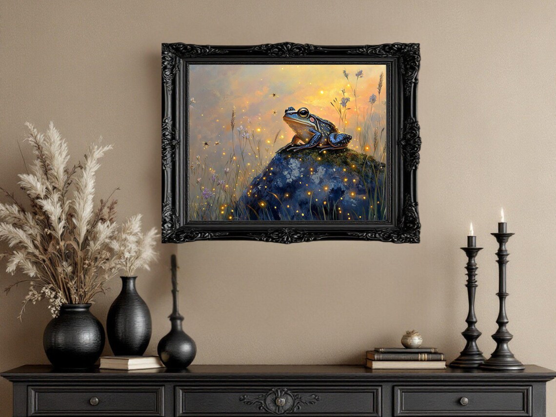 Frog on Rock With Fireflies, Magical Nature Scene - Image 3