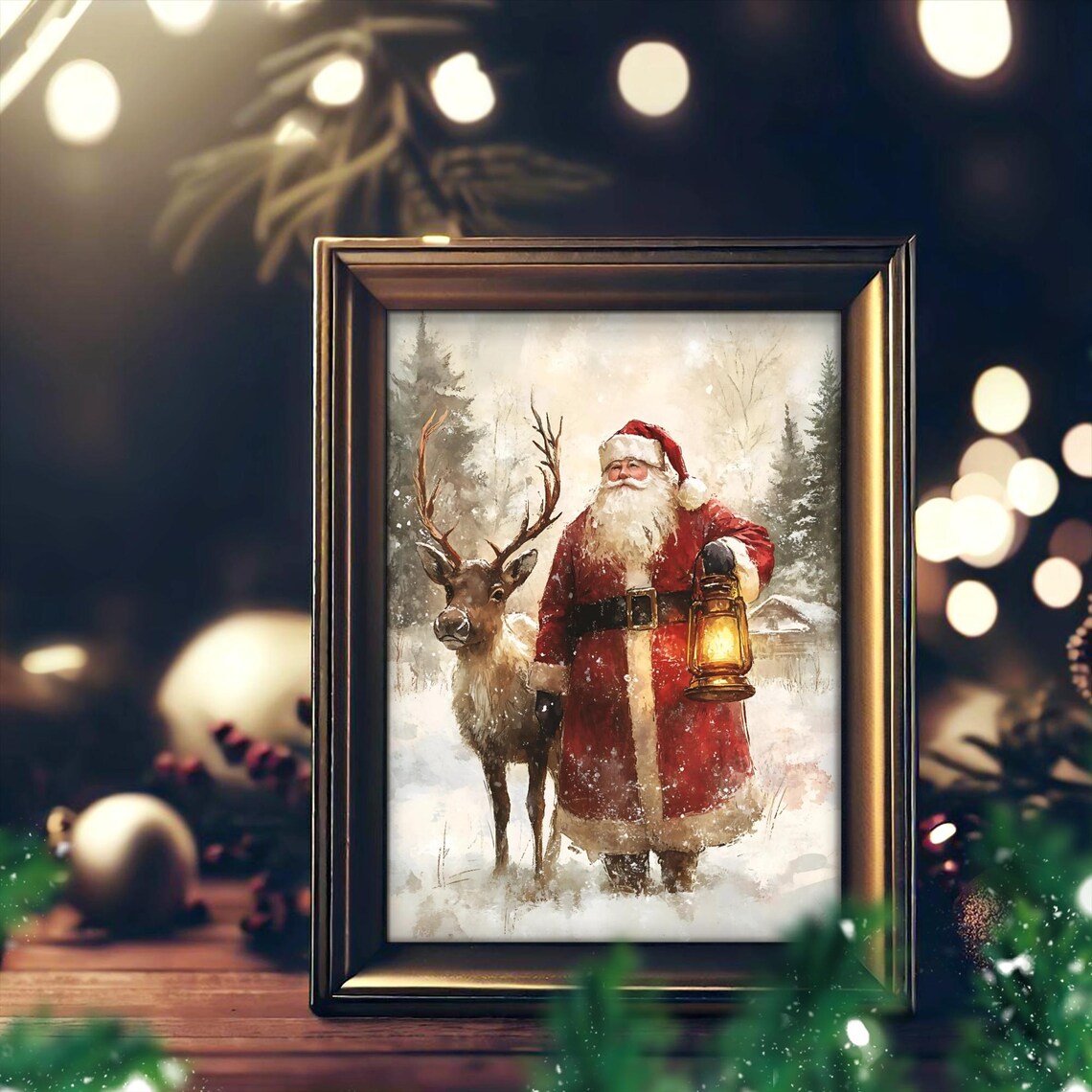 Vintage Santa With Lantern And Reindeer, Rustic Holiday - Image 3