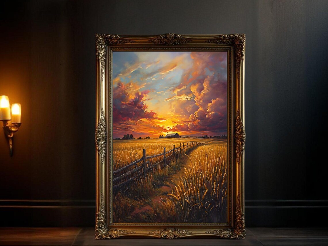 Serene Sunset Landscape, Rustic Farmhouse Decor