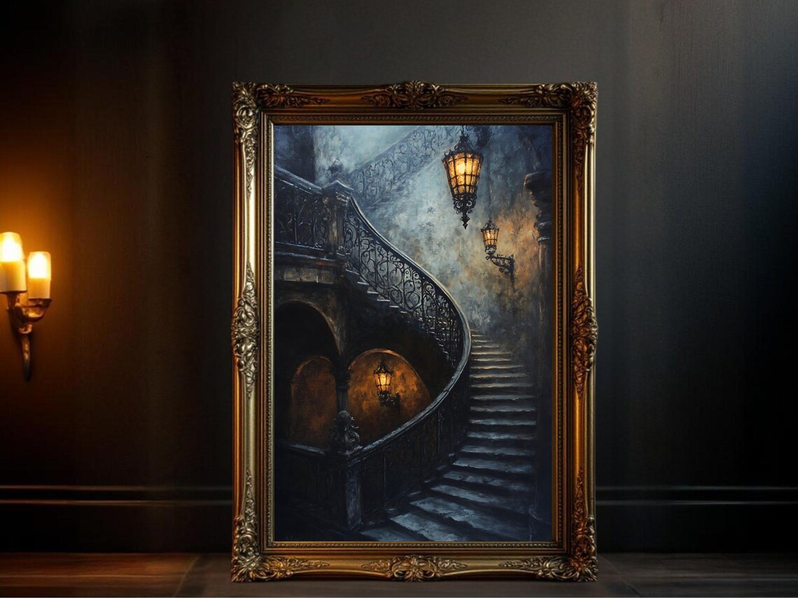 Gothic Staircase Painting, Vintage Moody Night Scene