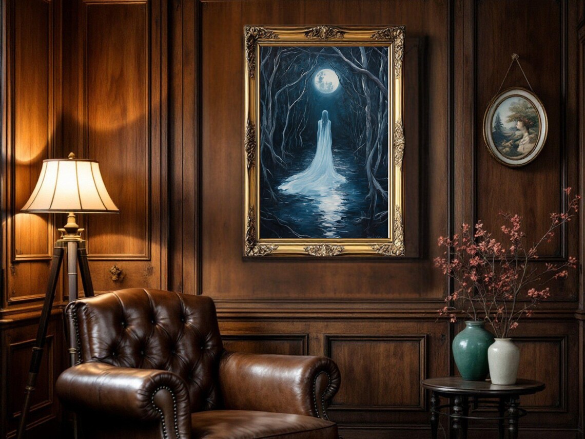 Moonlit Forest Painting, Dark Academia Night Scene - Image 2