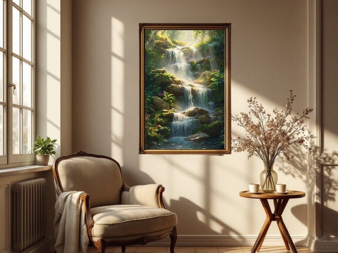 Serene Waterfall Nature Landscape, Forest Decor - Image 3