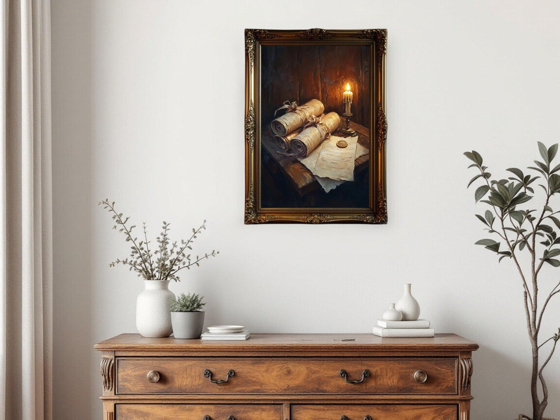 Vintage Scrolls Candlelit Artwork, Antique Manuscript - Image 3