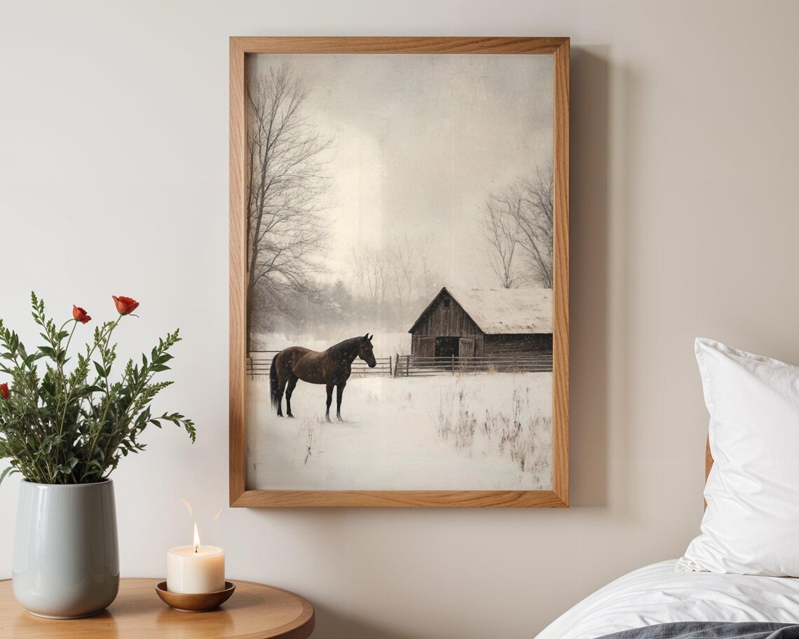 Serene Winter Horse Farm, Rustic Barn Landscape