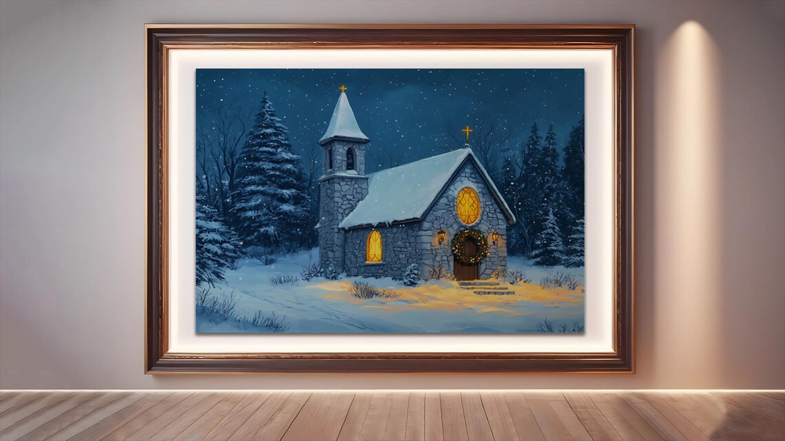 Snowy Christmas Chapel, Rustic Winter Scene - Image 3