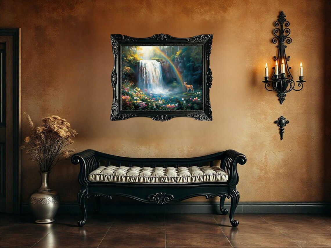 Waterfall Nature Scene With Deer And Rainbow, Poster - Image 3