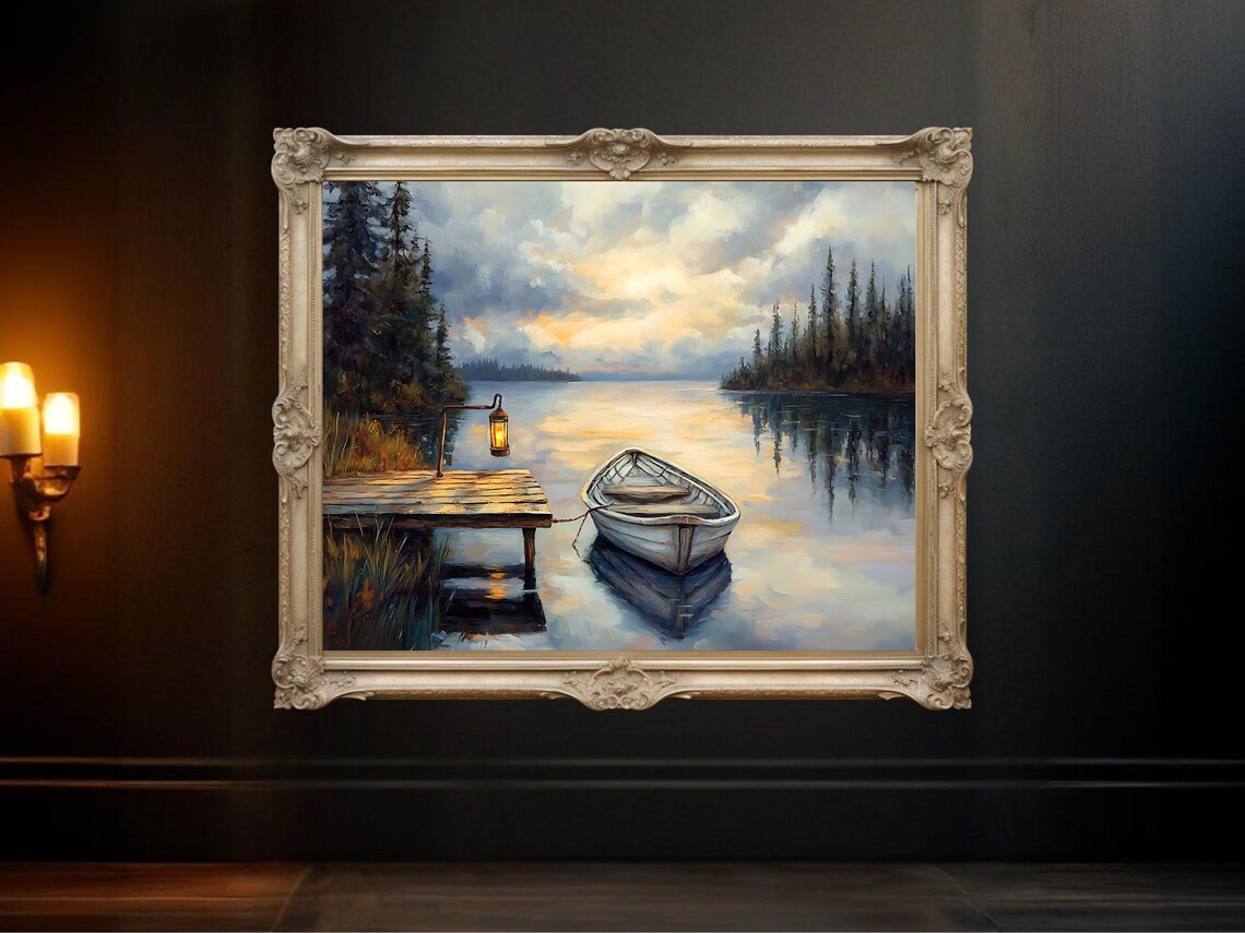 Serene Lake With Boat Lantern, Peaceful Forest Landscape
