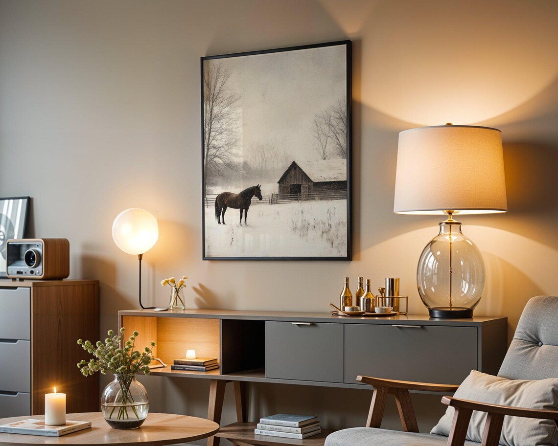 Serene Winter Horse Farm, Rustic Barn Landscape - Image 3