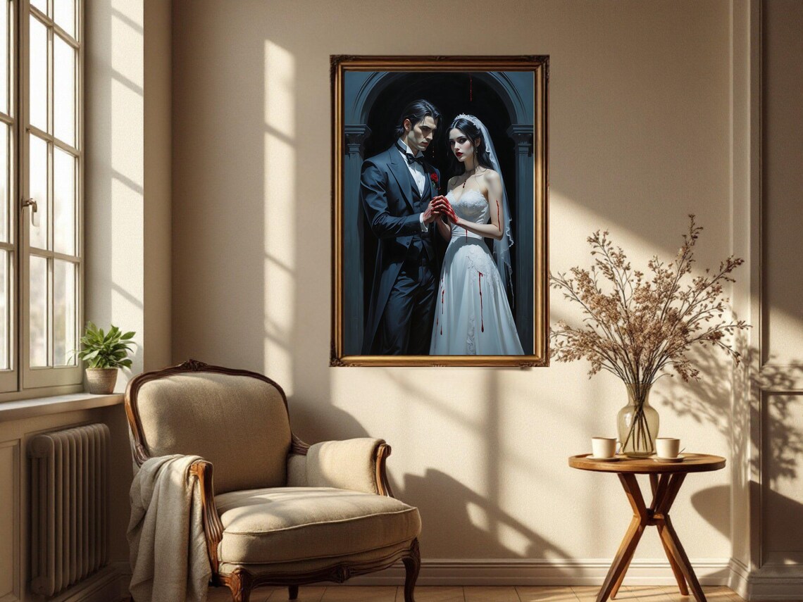 Gothic Vampire Wedding, Dark Romantic Couple Portrait - Image 2
