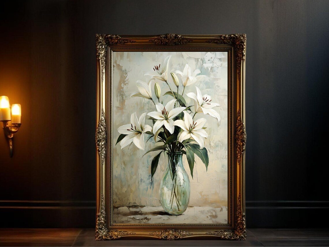 White Lilies Bouquet, Vintage Oil Painting Art Print