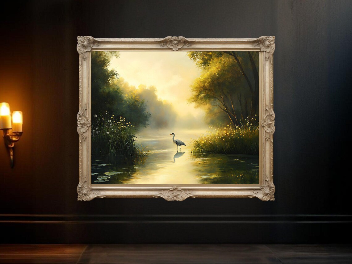 Serene River Landscape, Modern Nature Art Print