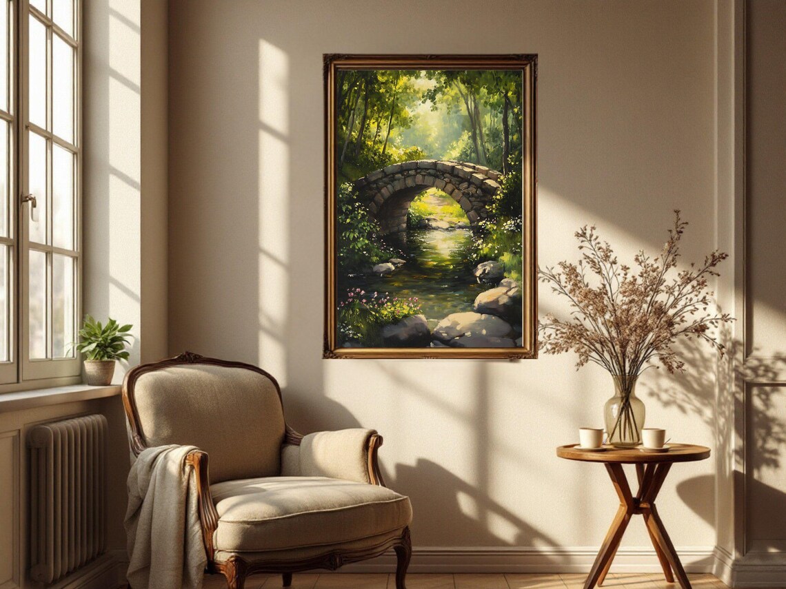 Stone Bridge Over Stream, Tranquil Forest Scenery - Image 3