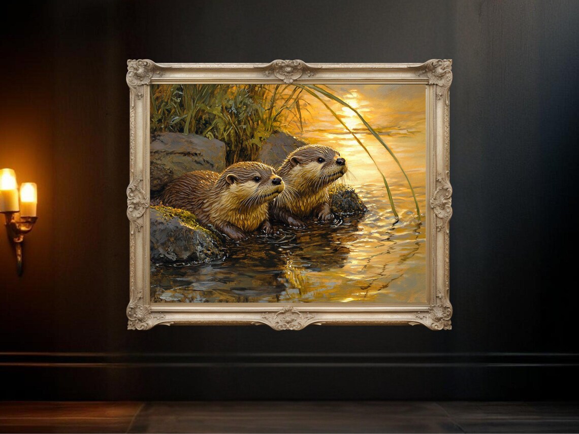 Otter Pair Nature Wildlife Painting, Sunrise Decor