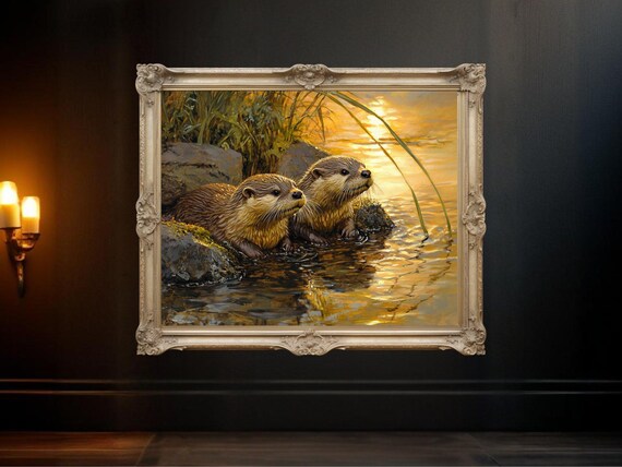 Otter Pair Nature Wildlife Painting, Sunrise Decor
