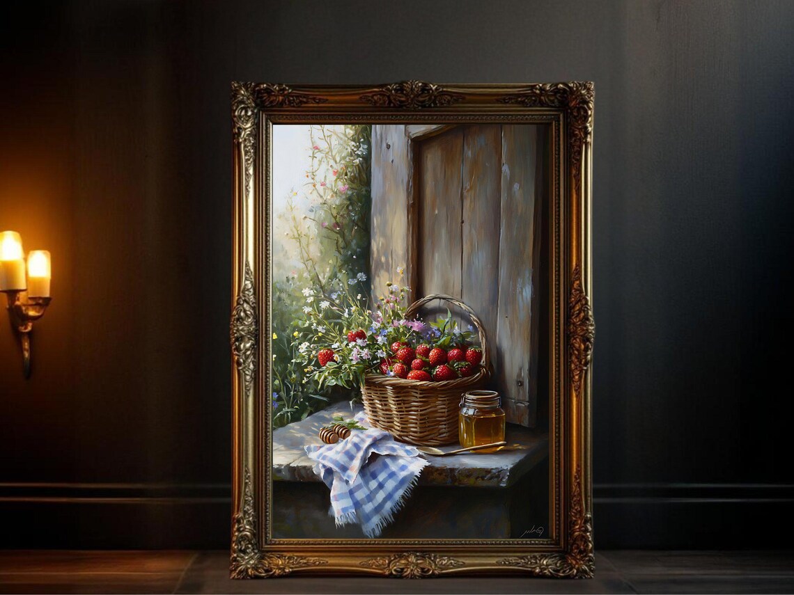 Vintage Oil Painting Rustic Still Life, Country Kitchen