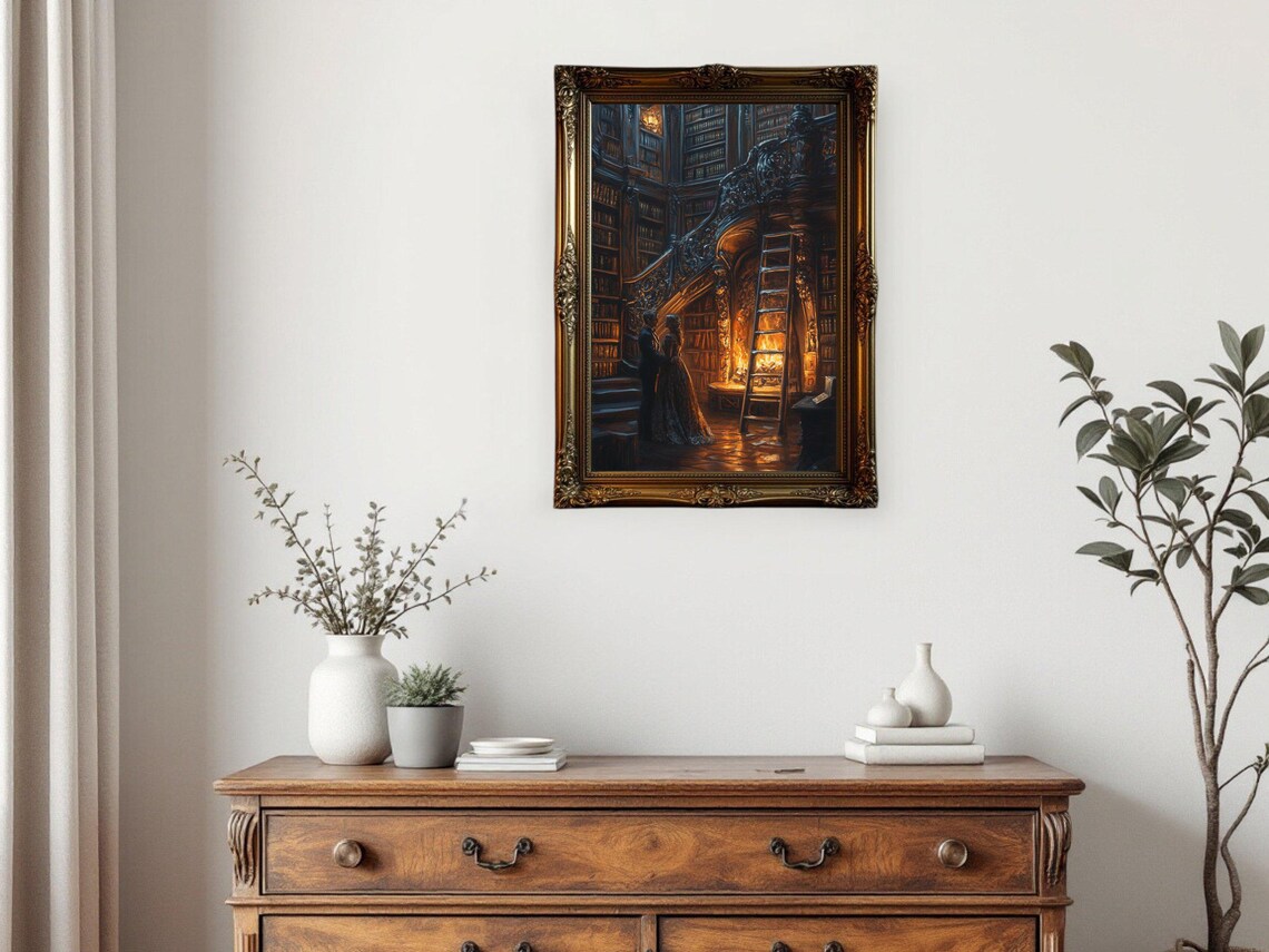 Dark Academia Vintage Library, Romantic Bookshelf Art Print - Image 3
