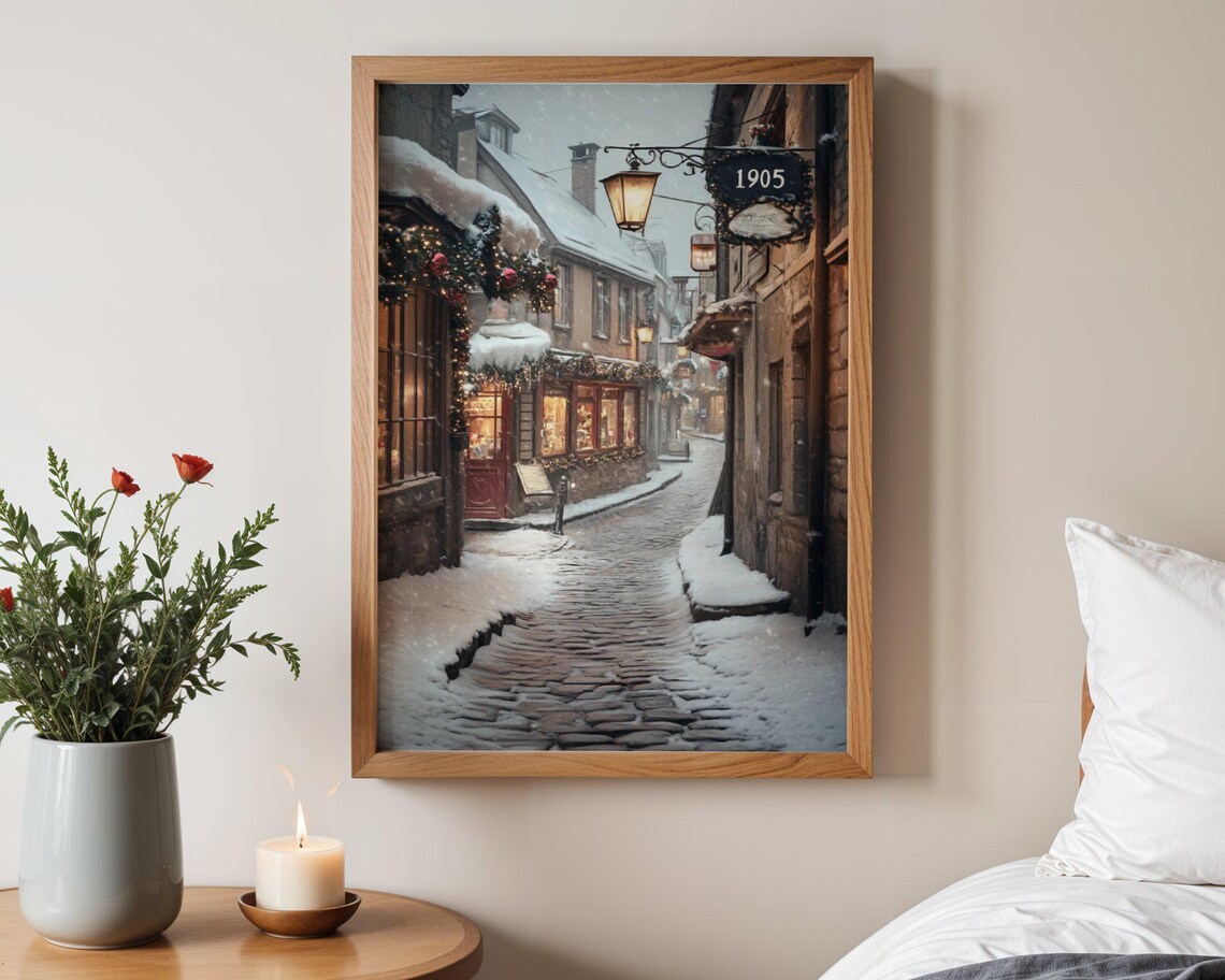 Vintage Snowy Street Scene, Christmas Holiday Decor