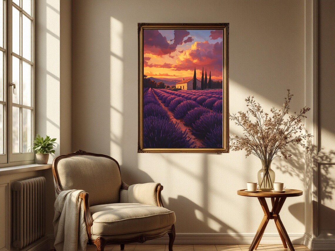 Lavender Field Sunset, Countryside Landscape Art Print - Image 3