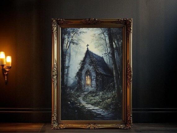 Gothic Chapel in Dark Forest, Mystical Church Art Print