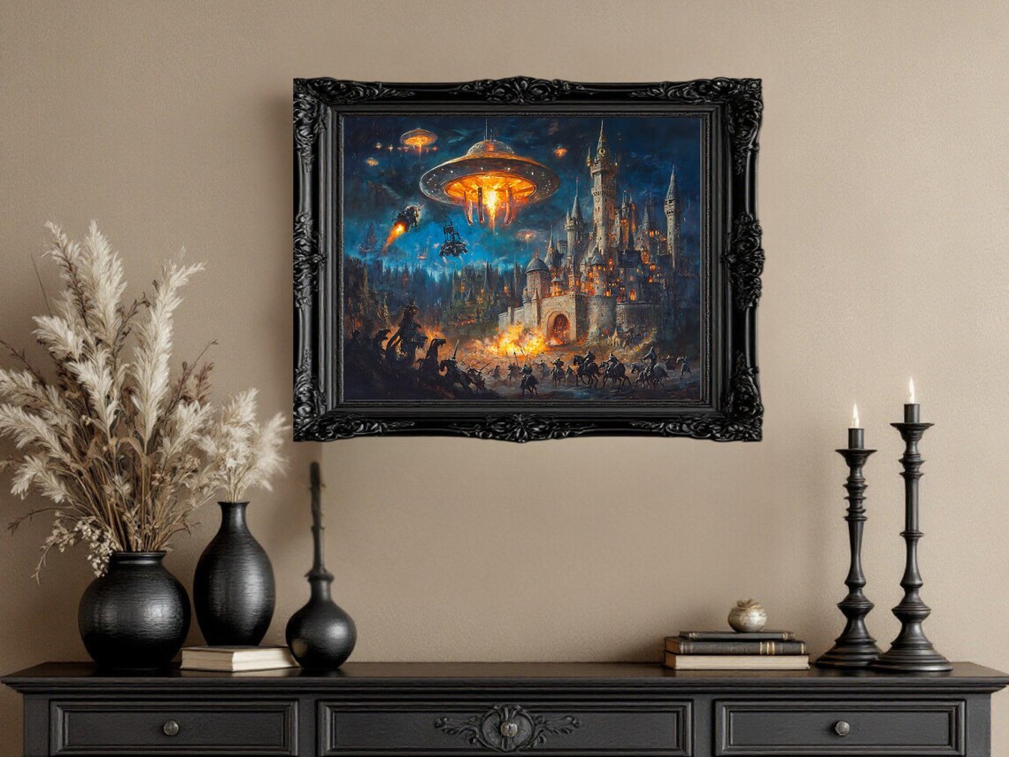 Fantasy Castle Battle Scene With UFOs, Art Print - Image 2