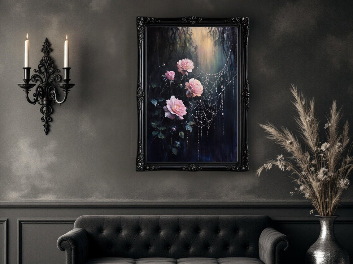Pink Roses and Dewy Spider Web Botanical Art - Image 2