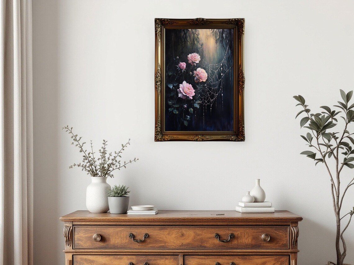 Pink Roses and Dewy Spider Web Botanical Art - Image 3