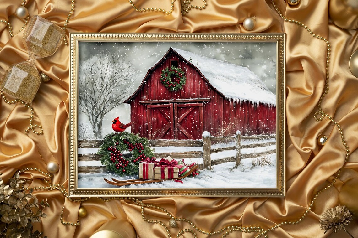 Winter Red Barn With Cardinal, Rustic Christmas Decor - Image 2