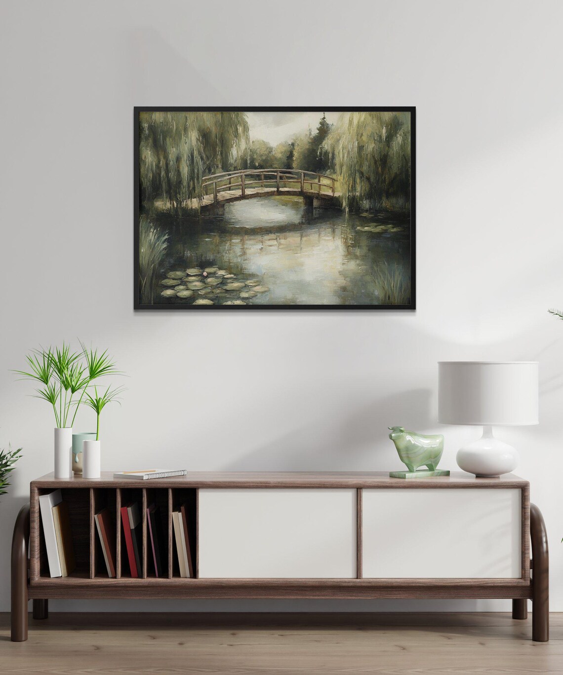Tranquil Willow Tree Bridge Landscape Art Print - Image 2