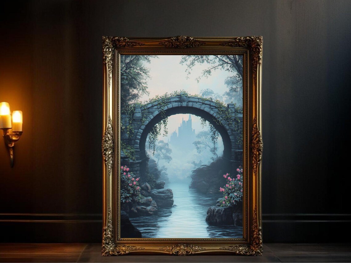 Magical Castle Landscape, Fairy Tale Bridge Over River