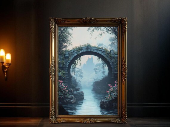 Magical Castle Landscape, Fairy Tale Bridge Over River