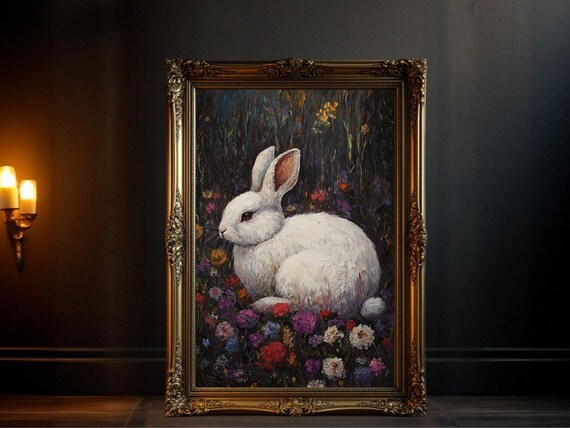 White Rabbit In Flower Field, Whimsical Floral Art Print