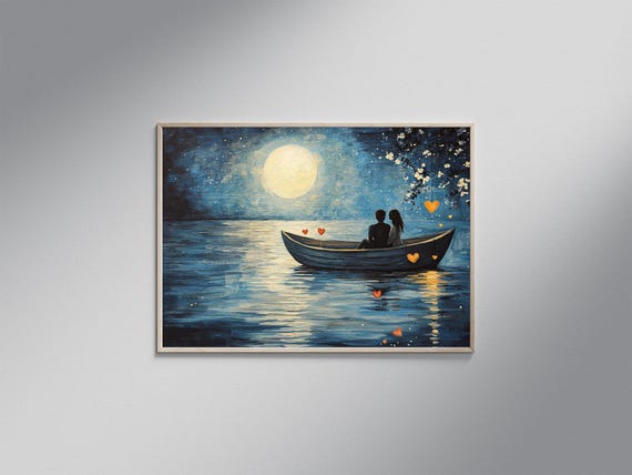 Romantic Boat Ride Under Moonlight, Lake Painting