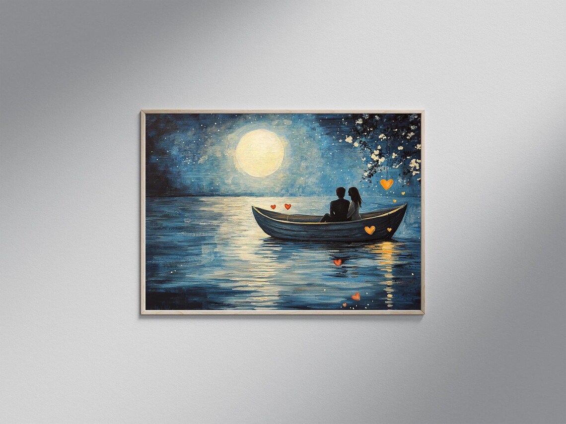 Romantic Boat Ride Under Moonlight, Lake Painting