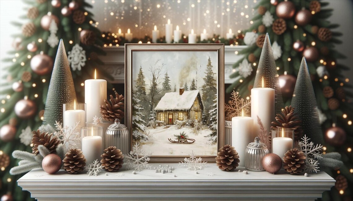 Vintage Snowy Cabin, Rustic Christmas Winter Scene - Image 2