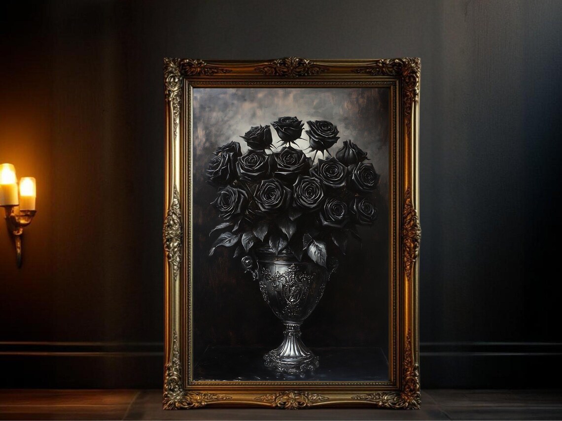 Gothic Black Rose Bouquet, Moody Floral Art Print